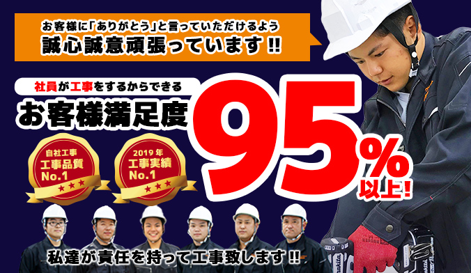 社員が工事をするからできるお客様満足度95％以上！自社工事 工事品質No.1　2019年工事実績No.1　お客様に「ありがとう」と言っていただけるよう誠心誠意頑張っています‼リフォームアウトレットのスタッフが責任を持って工事致します