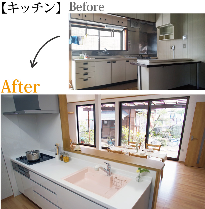 施工事例お客様インタビュー大型改修K キッチン I型キッチンから対面キッチンへ。炊事をしながら旦那様と会話ができ毎日手入れをしている大好きなお庭を見ることも出来ます。